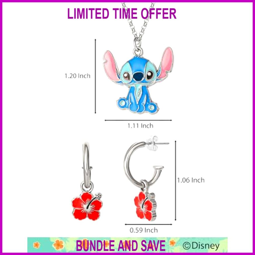 Lilo & Stitch Jewelry Set, Hoop Earrings & Adjustable Necklace, Gift - Picture 5 of 6